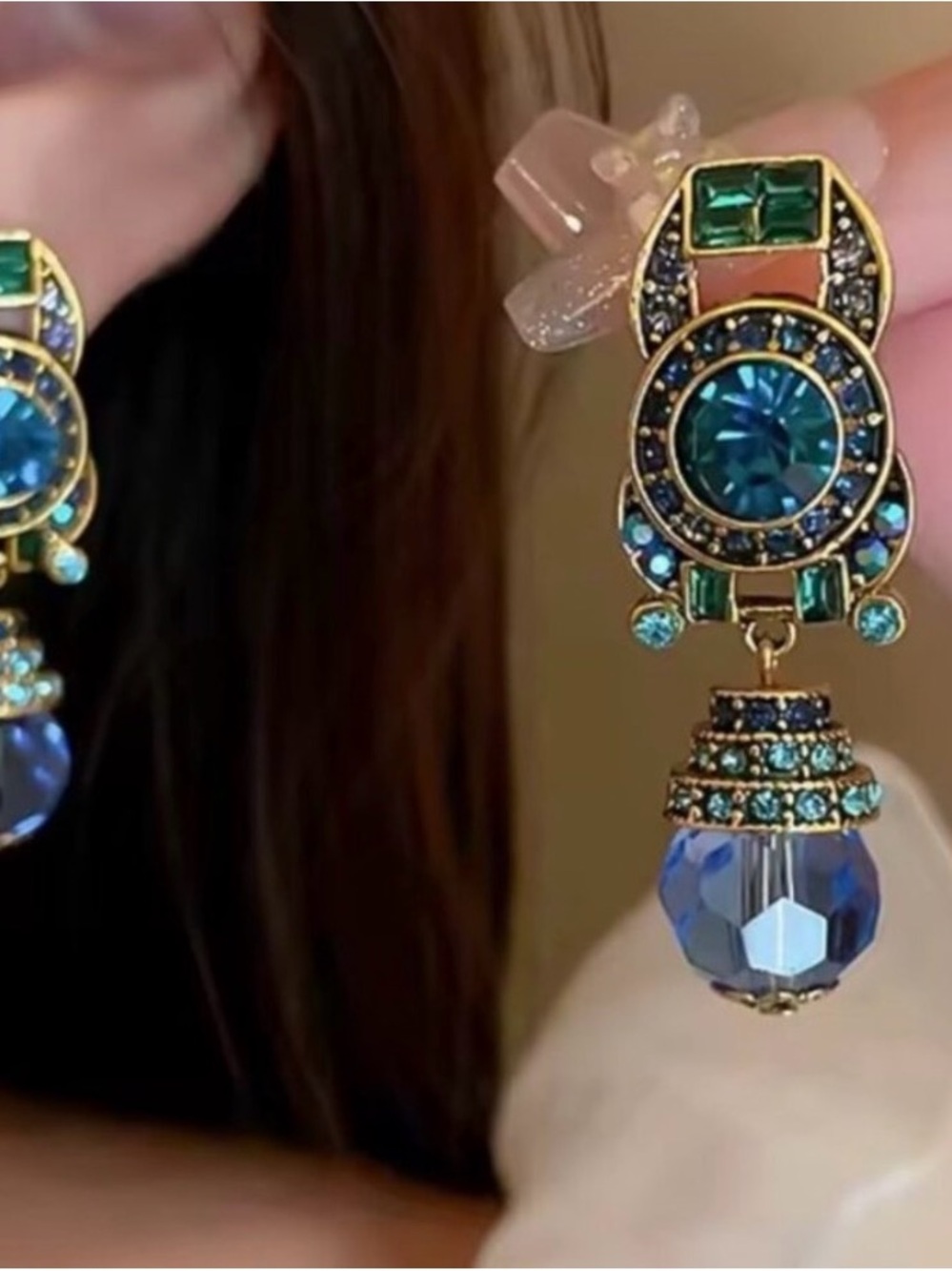 Gold-Tone Blue & Teal Crystal Drop Earrings
